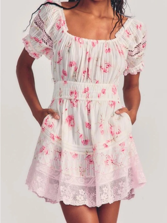 LoveShackFancy Dresses & Skirts - White and Pink Floral Dress with Lace Trim